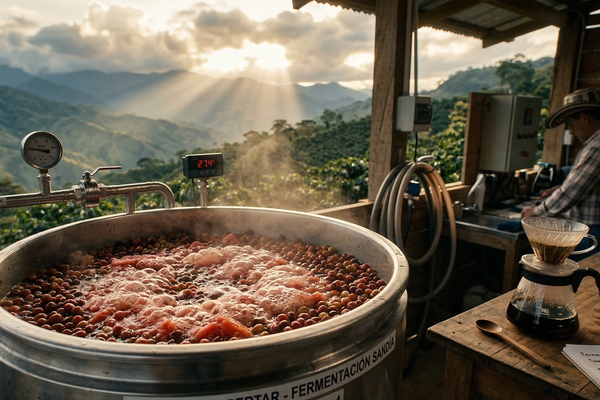 Tanque de co-fermentação de café com melancia em uma fazenda na Colômba