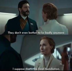 Scene from the second season of "Andor", two Galactic Senators discuss the actions of the authotarian government.