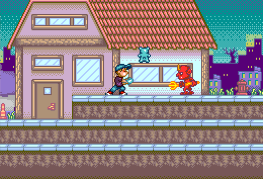 A sega genesis platformer featuring a young boy in a blue hat standing in front of a house next to a red devil enemy carrying a pitchfork. A blue gummy bear collectible floats between them.