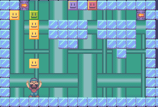 A 2d platformer where a bearded character throws a yellow box with a smiley face on it up into a line of other boxes with smiley faces