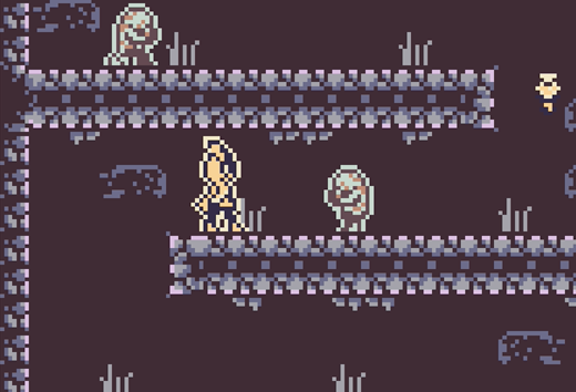 A GBC platform game where a hooded character wearing yellow squares off against a green zombie looking enemy