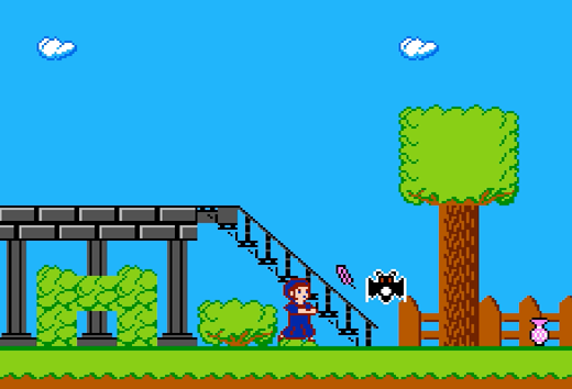 A colorful NES platformer where a woman in a blue-ish dress throws a pink quill at a bat while standing in a well-manicured green garden in front of a blue sky