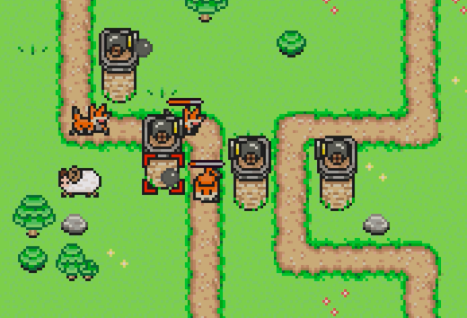 A top-down game where dirt paths cross a green field. Foxes make their way down the path with health bars over their head while cannon towers lining the path fire on them.