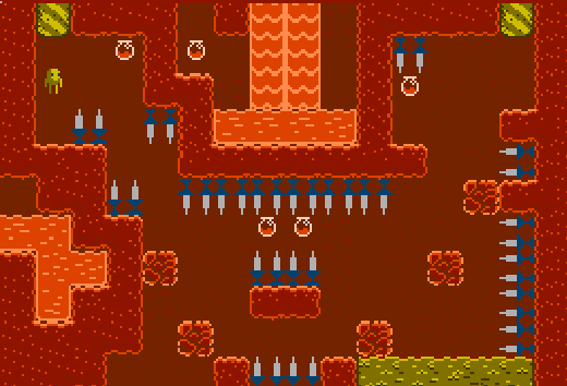 A 2d platformer, mostly in reds and oranges. A little flea character is jumping, little cups of blood float around, and the level is lined with maybe knives?