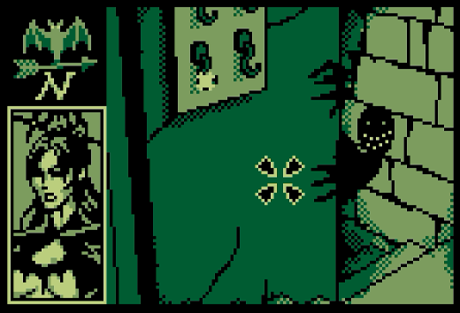 A green-hued gameboy game. A woman's portrait is on the left, the main content takes up the rest of the screen where we look into a stairwell that has an evil shadow poking around it and looking at us. A cursor is at the center of the screen.