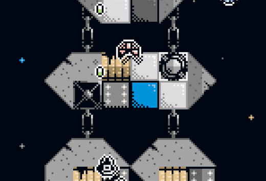 A space shoot em up. A little ship sits at the bottom of the screen, an enemy at the top, and some green bullets between them. They sit atop a chrome and blue spaceship