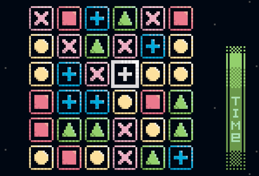 A typical match-3 puzzle. A grid of squares with different colors and shapes inside them. A green bar labelled "time" sits off to the side.