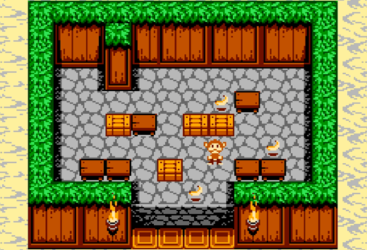 A top-down puzzle game. A little monkey stands in a little wooden building witha. stone floor. THere are wooden tables around and wooden boxes for sokobaning. Yellow bananas await collection.