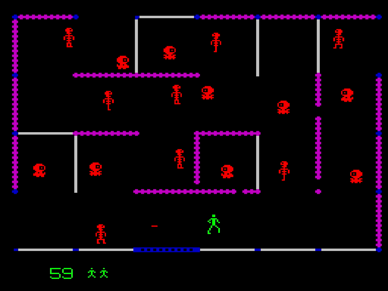Screenshot from Frenzy, purple and white walls on a black field with red robots
