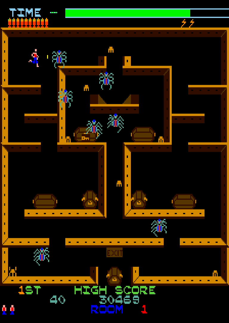 Screenshot from Lost Tomb, showing the player shooting a little spider in room 1