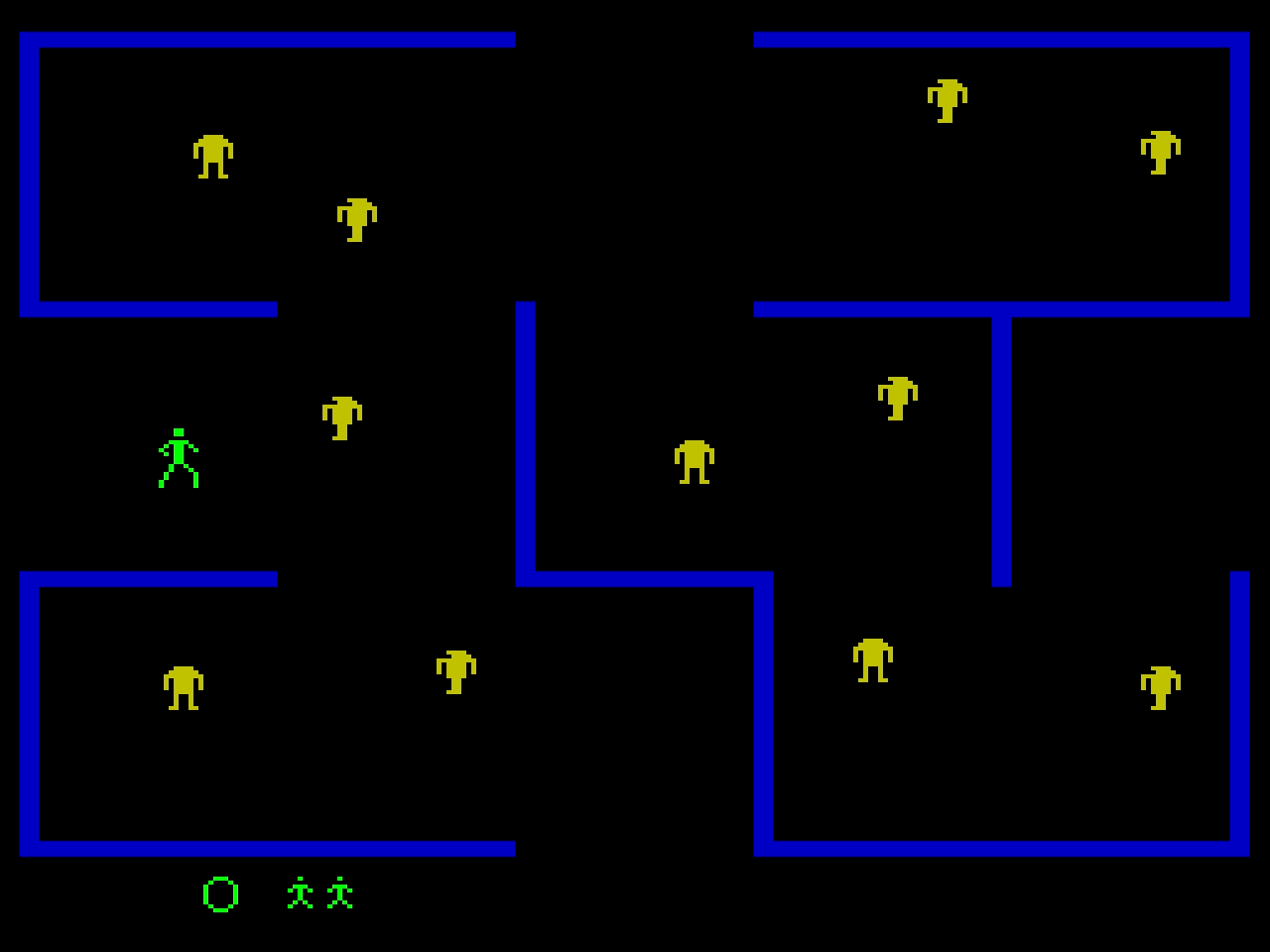 Screenshot from Berzerk blue maze, black field, yellow robots, and green humanoid