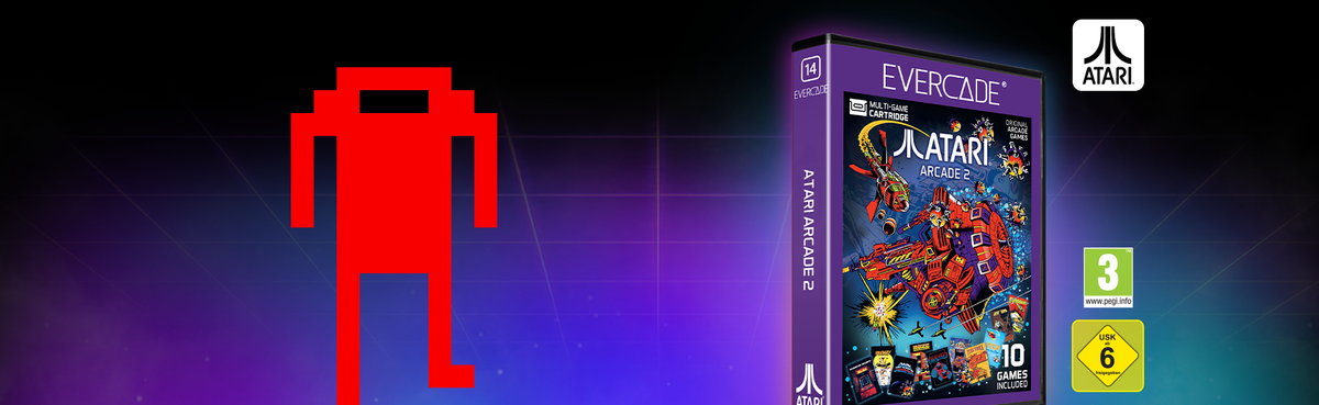 Blaze's promotional header for Atari Arcade 2, featuring the cart box, and I added a recreation of a Berzerk robot