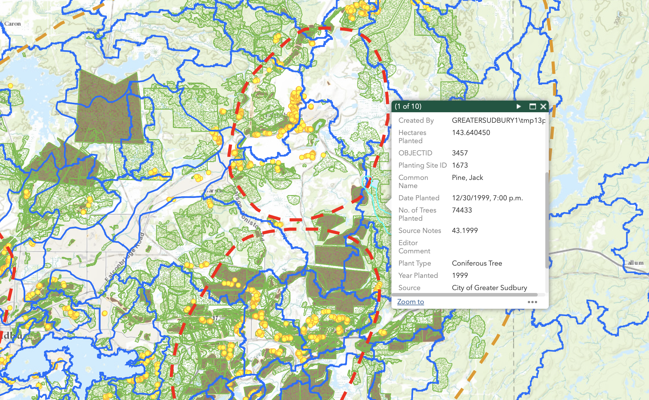 Regreening Sudbury app sample overview. 