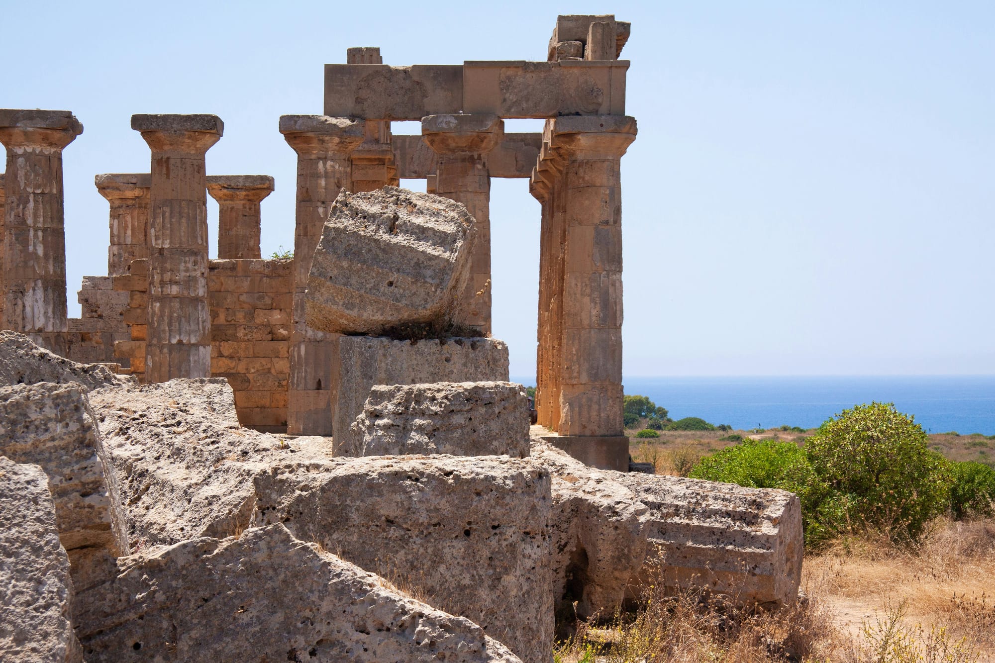 Temple E and ruins of Temple F of Selinunte since an earthquake. Selinunte, Sicilia, Italy