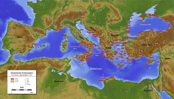 Map of Greek (red labels) and Phoenician (yellow labels) colonies around 8th to 6th century BC