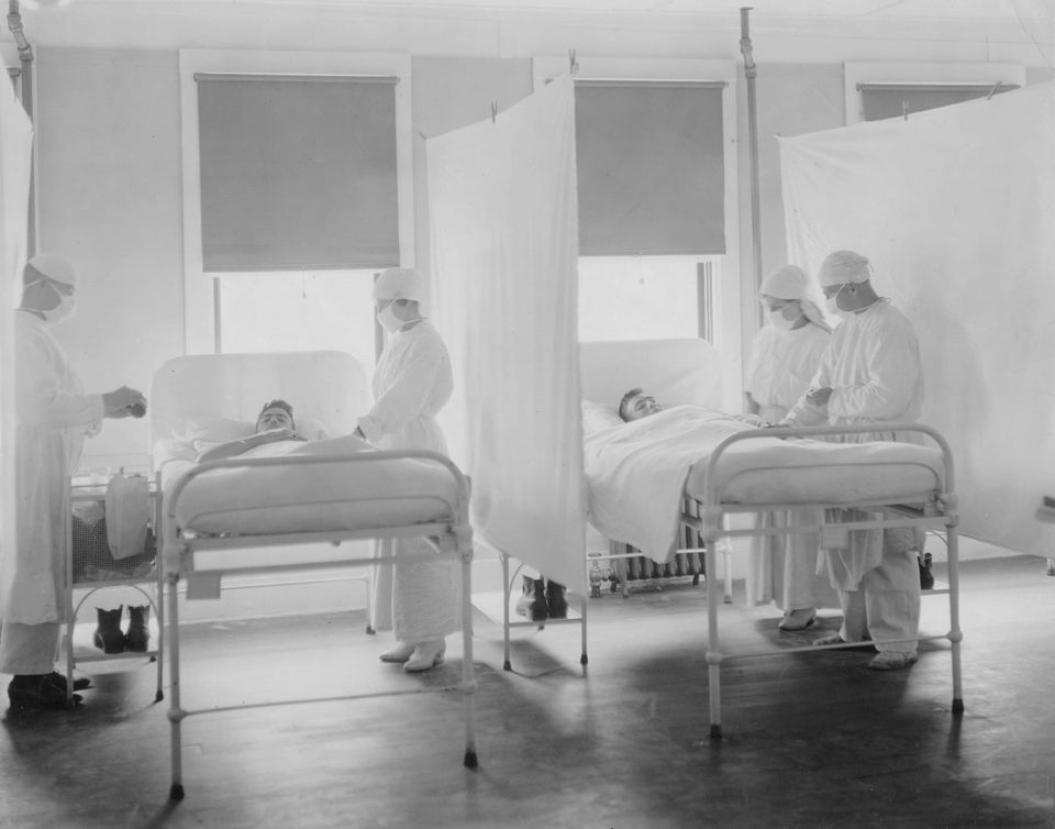 Scene on ward during influenza epidemic. Nov. 1918.  