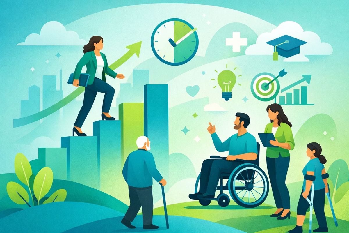 Illustrated workplace scene in aqua and lime green showing diverse professionals with disabilities advancing in their careers.