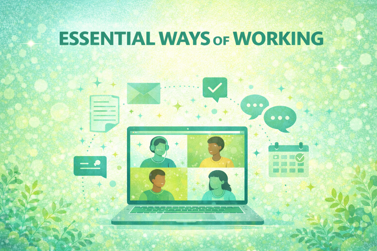 Illustration of remote work tools and a video call under the title “Essential Ways of Working” in aqua and lime colors.