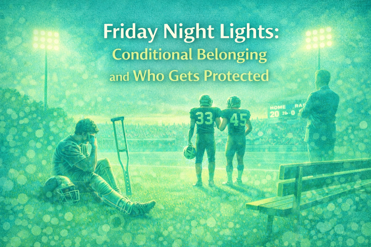 Aqua and lime graphic of a football field under stadium lights illustrating conditional belonging and inclusion.