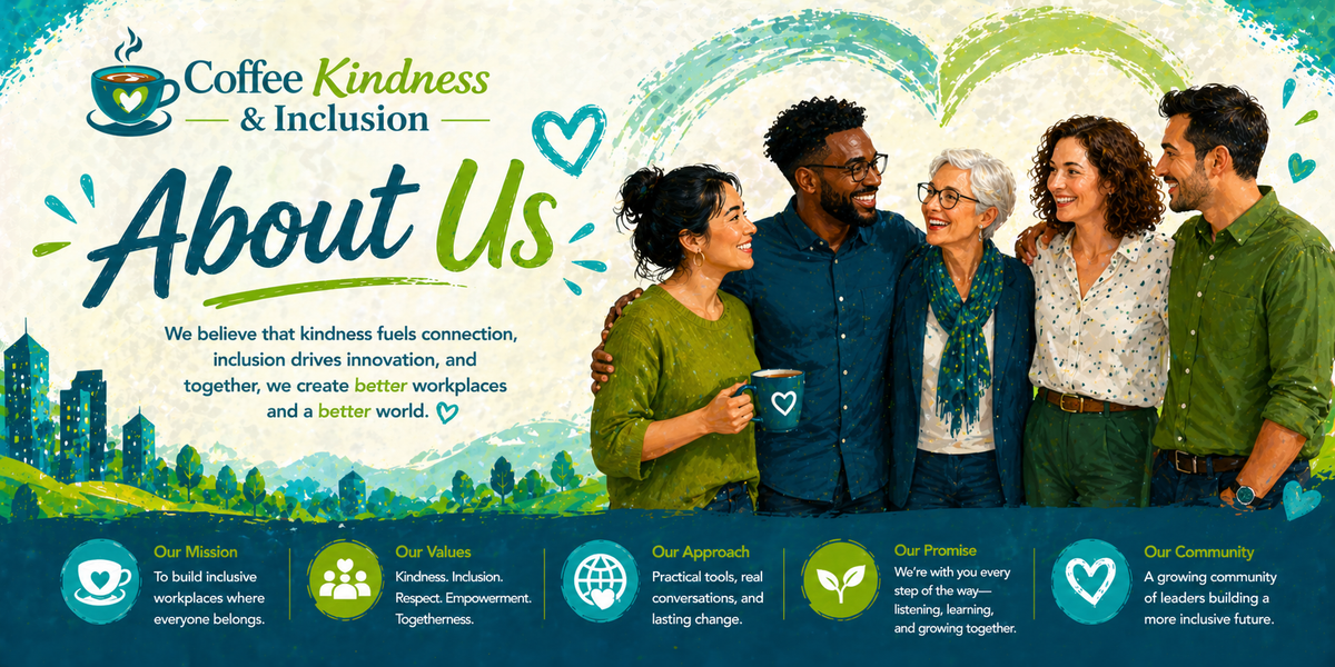 Colorful About Us banner for Coffee, Kindness & Inclusion showing diverse team smiling together, with text about kindness, connection, and building inclusive workplaces and communities.