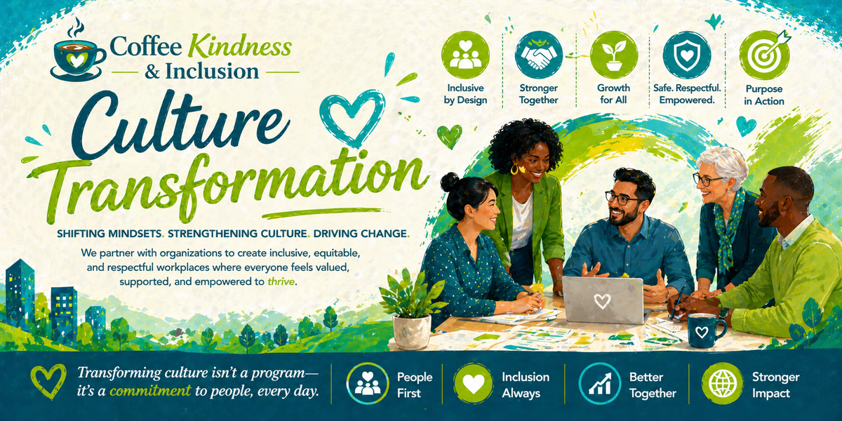 Colorful Culture Transformation banner for Coffee, Kindness & Inclusion showing diverse team collaborating, icons for inclusion and growth.
