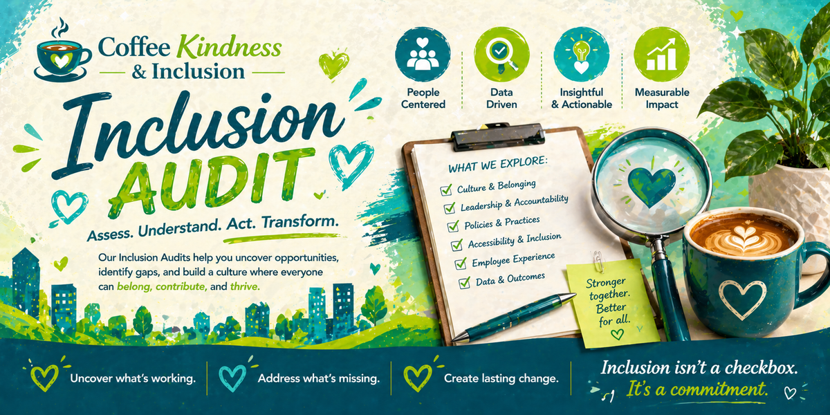 Colorful Inclusion Audit banner for Coffee, Kindness & Inclusion with checklist, magnifying glass, and coffee cup, highlighting assessment, insights, and building inclusive workplaces.