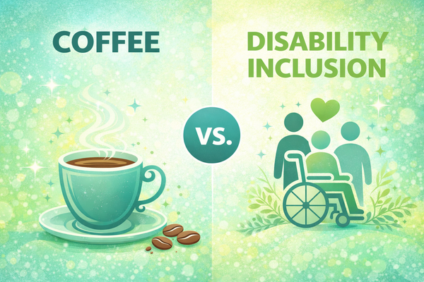 Illustration contrasting coffee and disability inclusion using icons in aqua and lime colors.