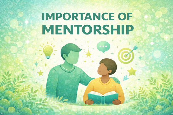 Graphic showing mentorship through a mentor and mentee illustration with the words “Importance of Mentorship” in aqua and lime colors.