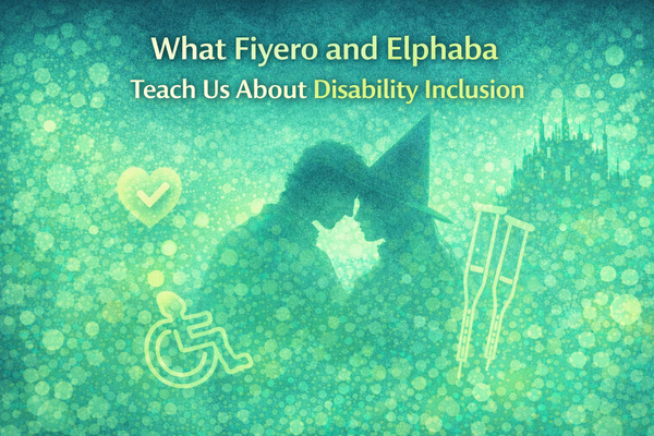 Aqua and lime illustration with abstract silhouettes and accessibility icons introducing a post on what Fiyero and Elphaba teach about disability inclusion.