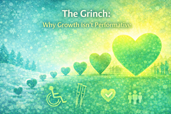 Aqua and lime graphic illustrating growth and empathy with a heart expanding from winter to warmth.