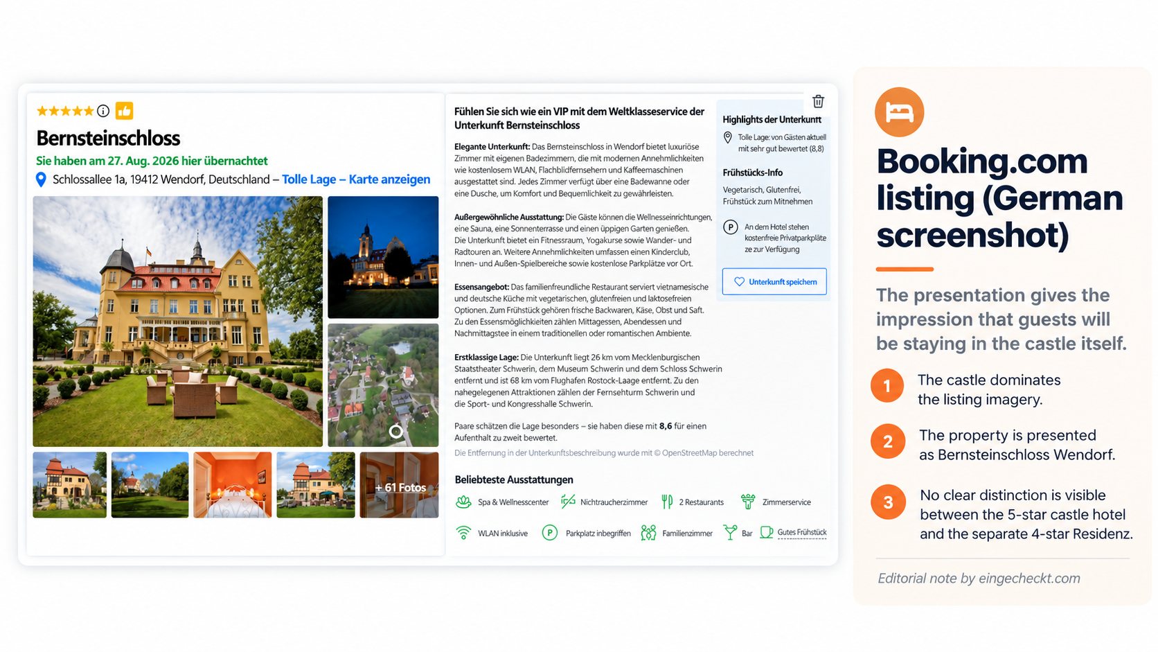 The Booking.com booking page (German screenshot) gives the impression that guests will be staying in the castle itself.