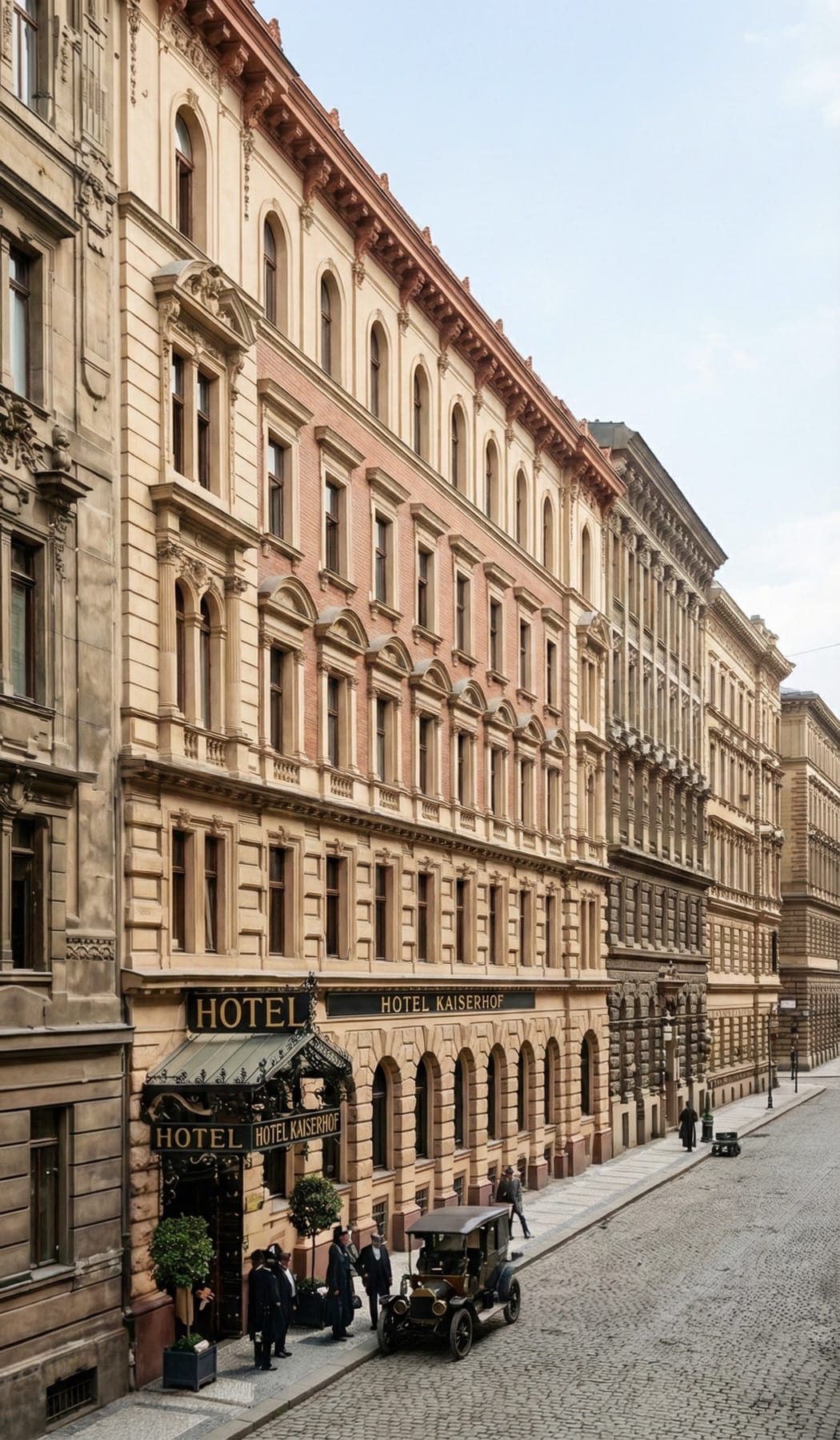 Historische Straßenansicht der Frankenberggasse mit dem KAISERHOF und einem Oldtimer vor dem Eingang
