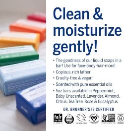 Dr. Bronner's - Pure-Castile Bar Soap (5 oz Variety Pack) Almond, Unscented, Lavender, Peppermint, Citrus, Rose, Tea Tree, & Eucalyptus - Made with Organic Oils, For Face, Body & Hair, | 8 Count