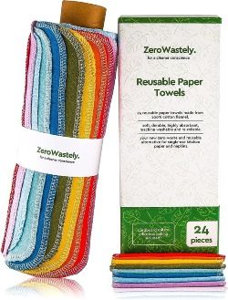 Reusable Paper Towels - Value Pack of 24 Paperless Towels! 100% Cotton, Super Soft, Absorbent, Washable and Made To Last Cut Back Waste Less with our Cloth By ZeroWastely
