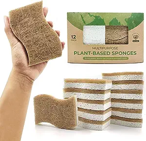 AIRNEX Natural Kitchen Sponge - Biodegradable Compostable Cellulose and Coconut Scrubber Sponge - Pack of 12 Eco Friendly Sponges for Dishes
