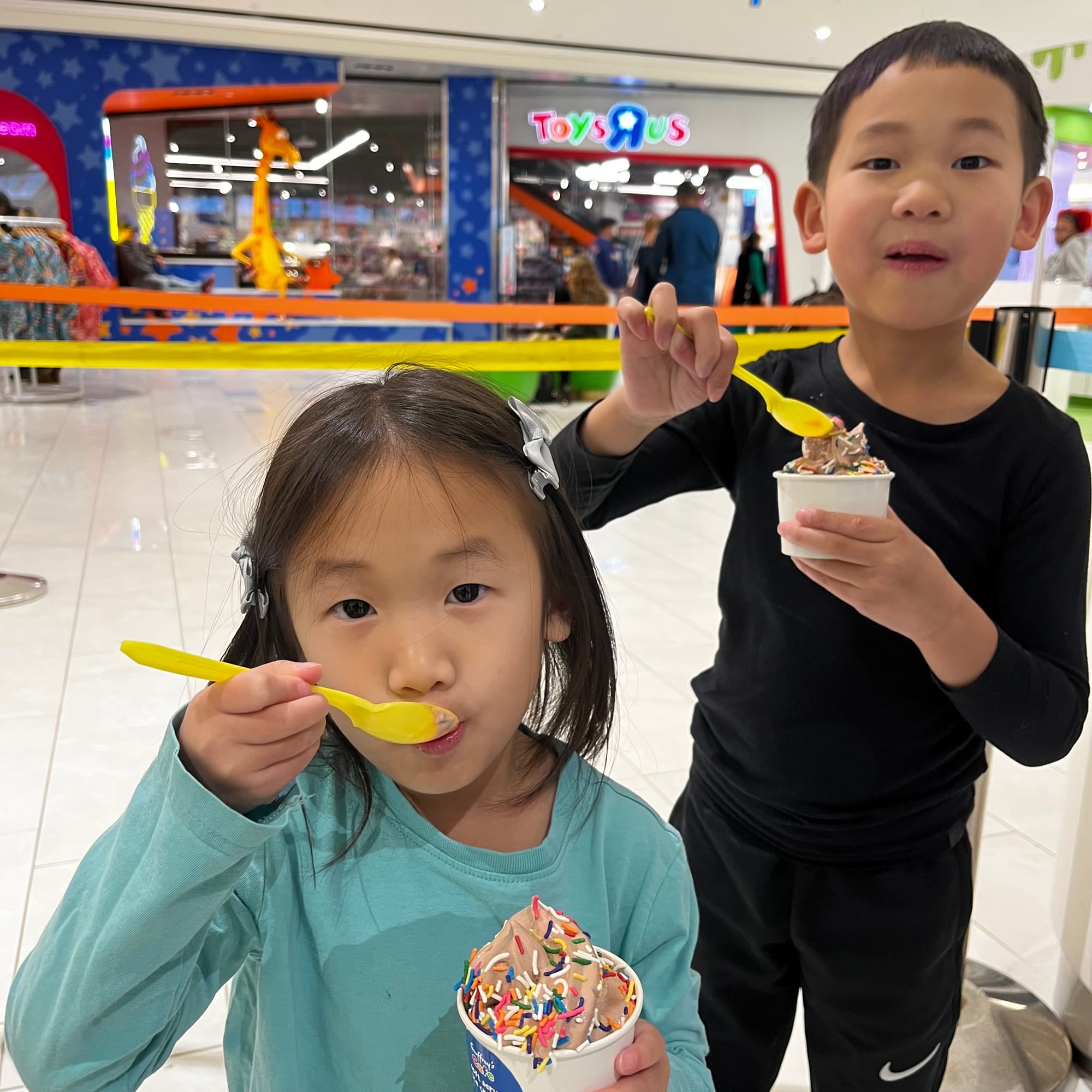 Chocolate soft serve ice cream with rainbow sprinkles at Geoffrey's Cafe, American Dream