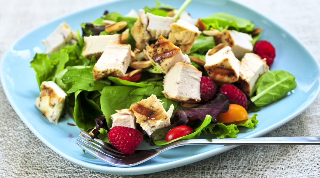 Grilled chicken over green salad