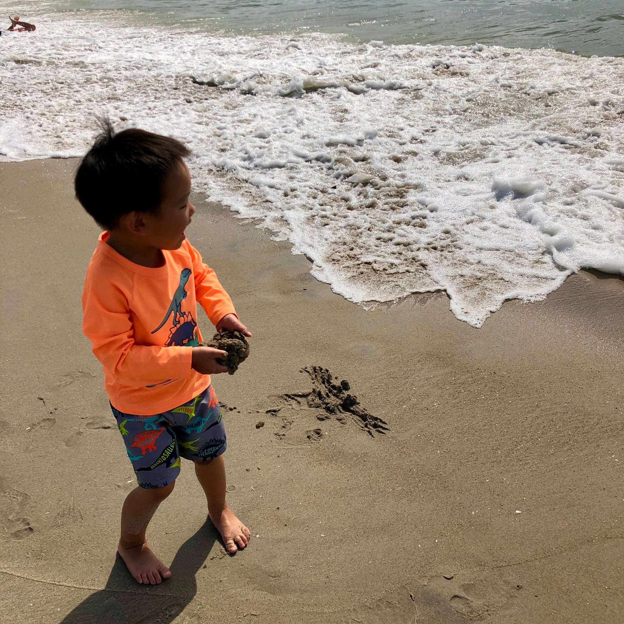 Little boy in orange dinosaur swim suit and rashguard holding sand at the edge of the shore while a wave rolls in