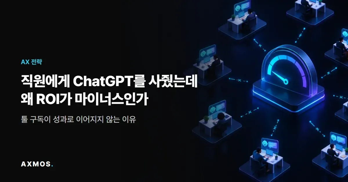 직원 ChatGPT 구독 ROI: 개인 책상의 AI 사용이 회사 성과 계기판과 연결되지 않은 모습을 표현한 일러스트