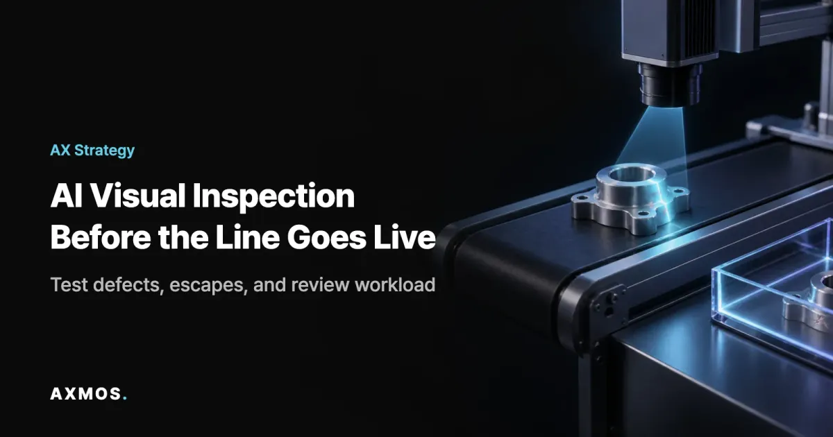 AI vision inspection camera checking a metal part under cyan light, with a separate review tray