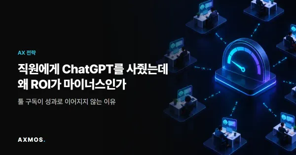 직원 ChatGPT 구독 ROI: 개인 책상의 AI 사용이 회사 성과 계기판과 연결되지 않은 모습을 표현한 일러스트