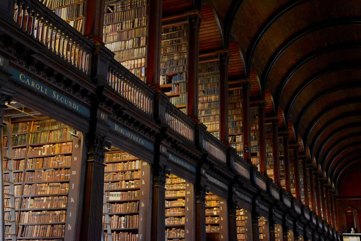 Photo of library shelves with old books.