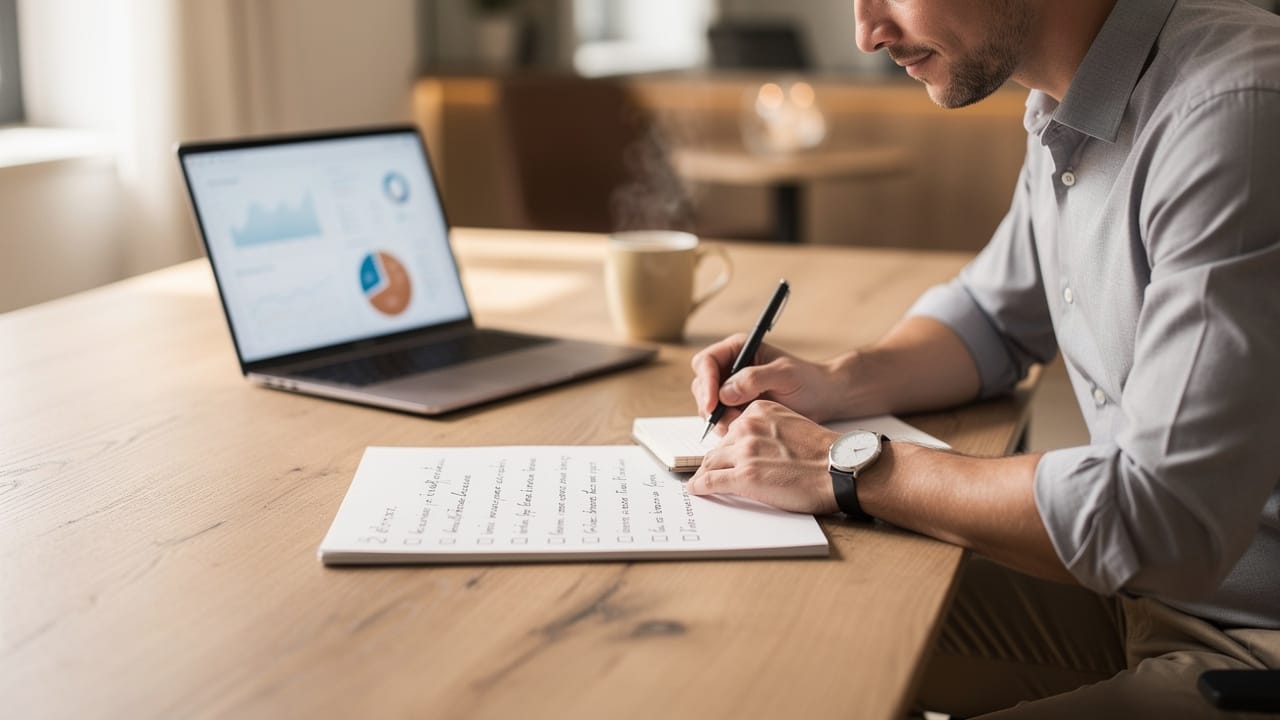 Business owner writing delegation to-do list with coffee and laptop