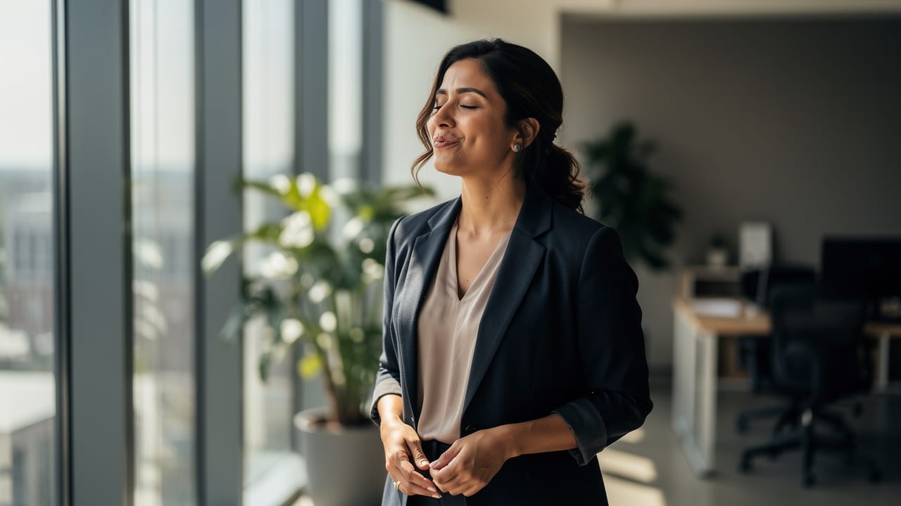 Hispanic female entrepreneur feeling relieved near office window