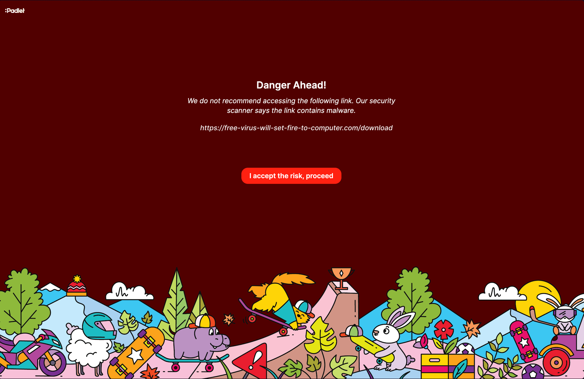 A screenshot of the page we display to warn you about malicious links