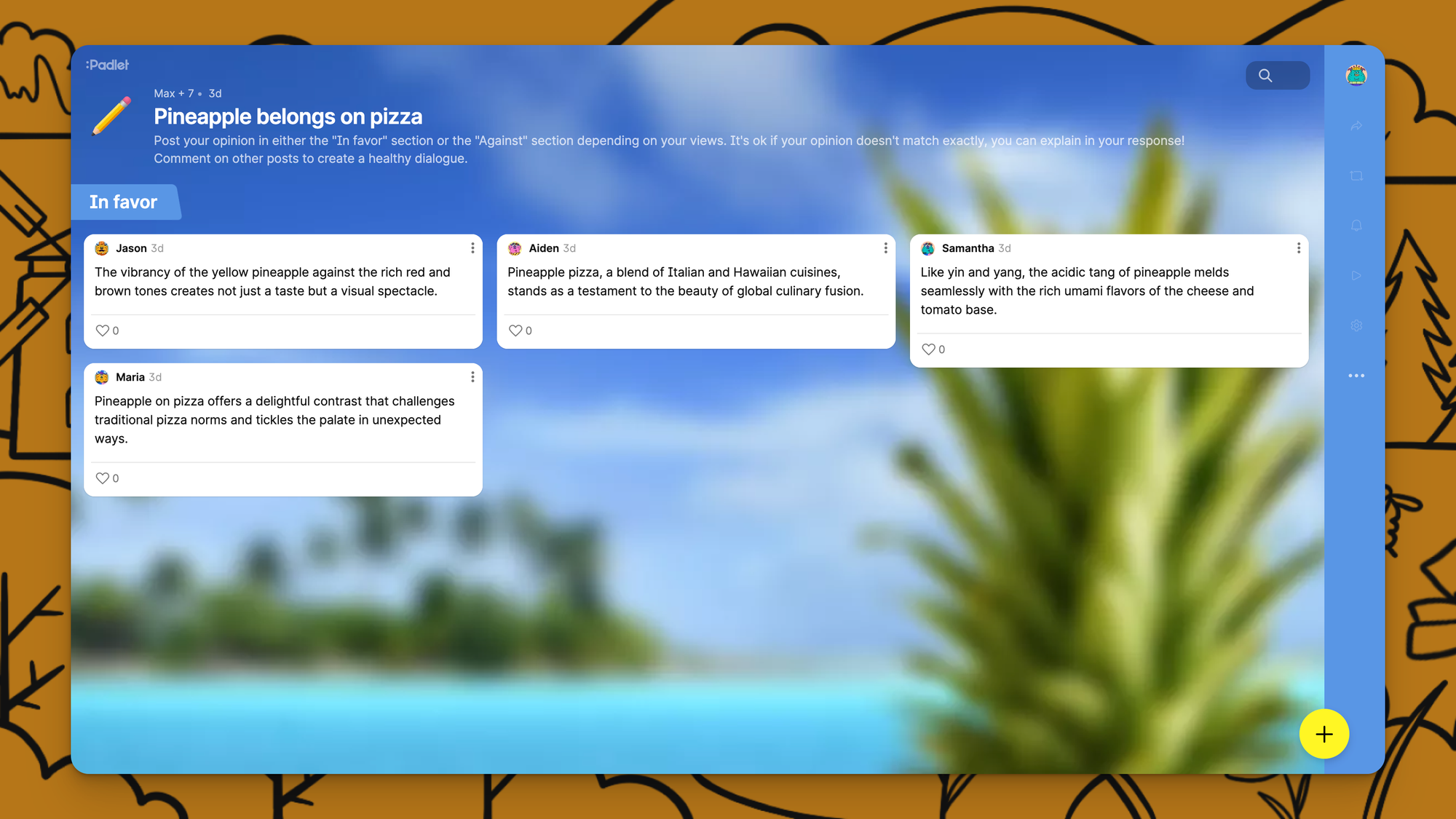 The same pineapple padlet in a breakout view