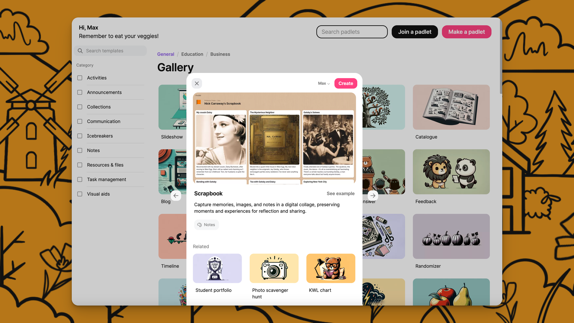 Template preview for the scrapbook template