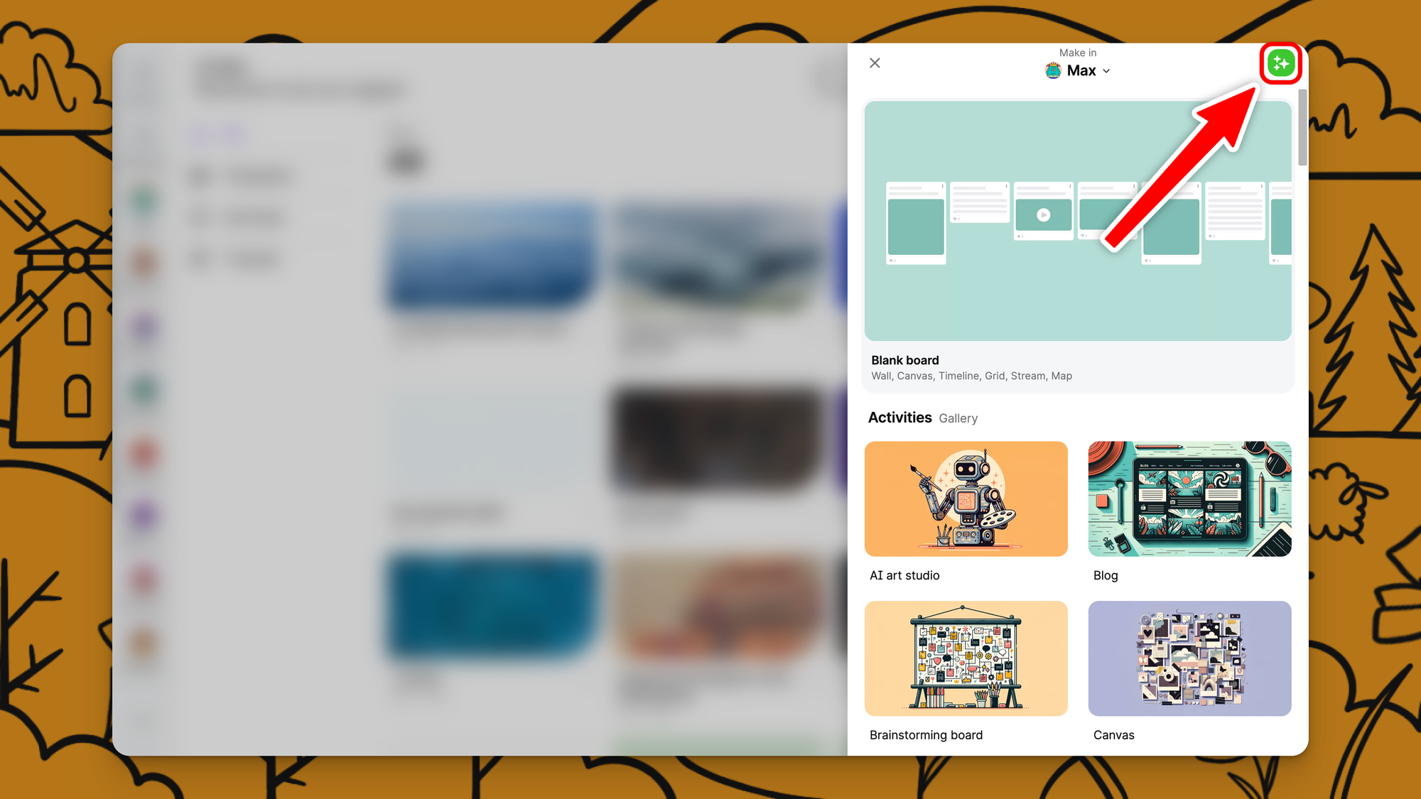 A screenshot with an arrow pointing to the Magic Padlet button
