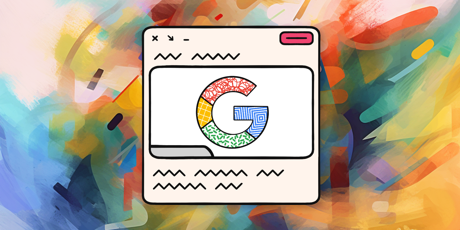 An illustration of the post composer with a Google attachment over a colorful background