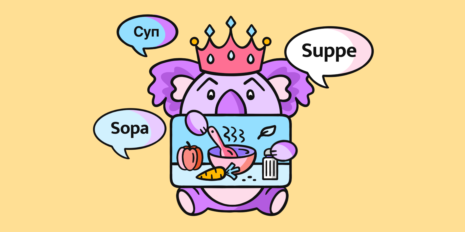 An illustrated image of a koala with language bubbles